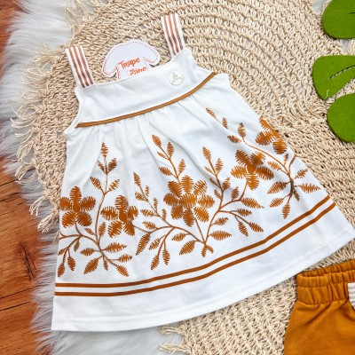 Conj. Batinha Flores e Short com Lacinho - Caramelo e Off White